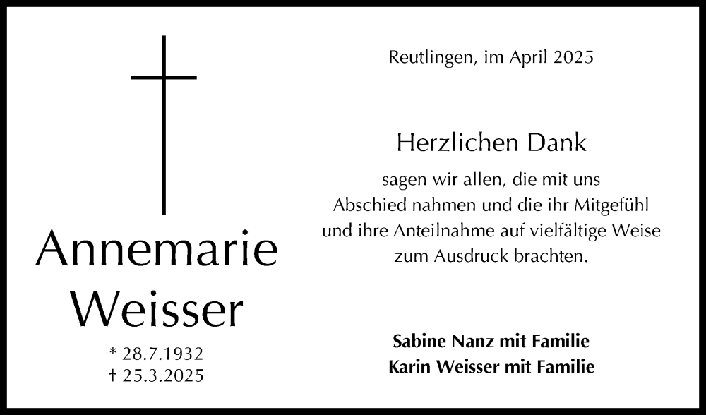  Traueranzeige für Annemarie Weisser vom 12.04.2025 aus Reutlinger General-Anzeiger