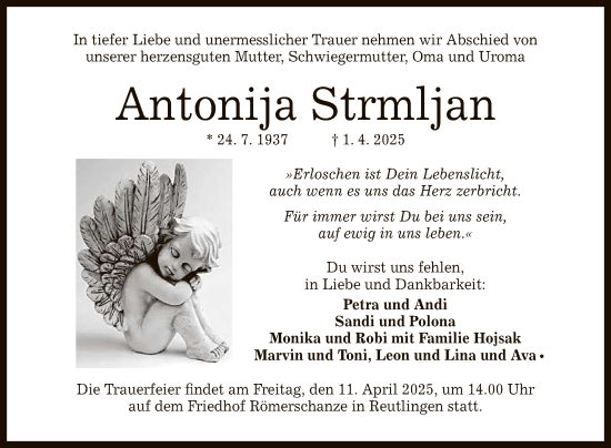 Anzeige von Antonija Strmljan von Reutlinger General-Anzeiger