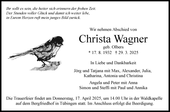 Anzeige von Christa Wagner von Reutlinger General-Anzeiger
