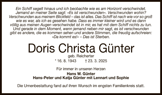 Anzeige von Doris Christa Günter von Reutlinger General-Anzeiger