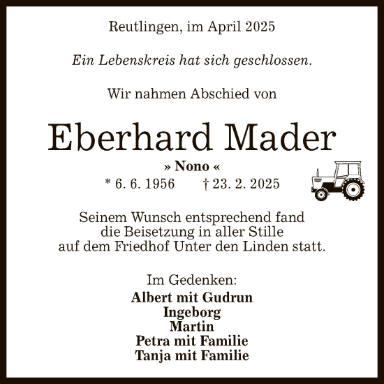 Anzeige von Eberhard Mader von Reutlinger General-Anzeiger