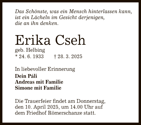 Anzeige von Erika Cseh von Reutlinger General-Anzeiger