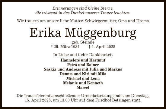 Anzeige von Erika Müggenburg von Reutlinger General-Anzeiger