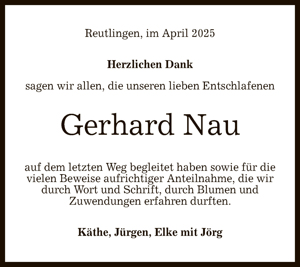  Traueranzeige für Gerhard Nau vom 12.04.2025 aus Reutlinger General-Anzeiger