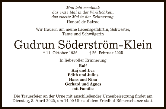 Anzeige von Gudrun Söderström-Klein von Reutlinger General-Anzeiger