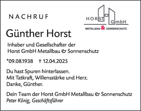 Anzeige von Günther Horst von Reutlinger General-Anzeiger