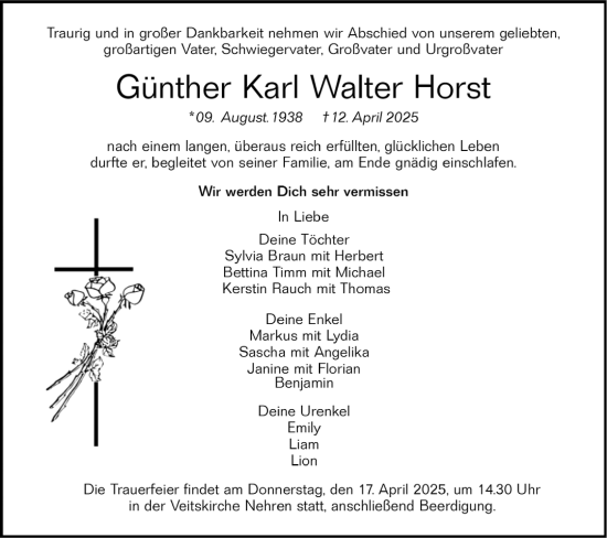 Anzeige von Günther Karl Walter Horst von Reutlinger General-Anzeiger