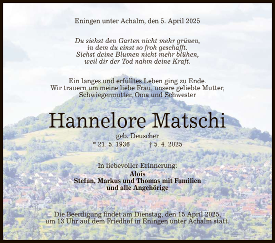 Anzeige von Hannelore Matschi von Reutlinger General-Anzeiger