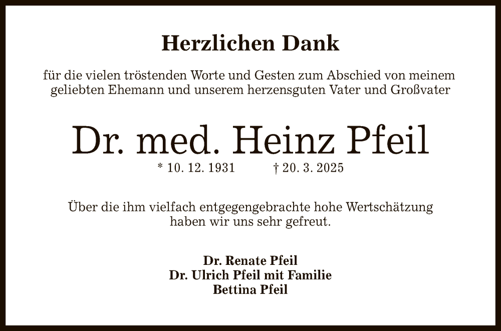 Traueranzeige für Heinz Pfeil vom 19.04.2025 aus Reutlinger General-Anzeiger