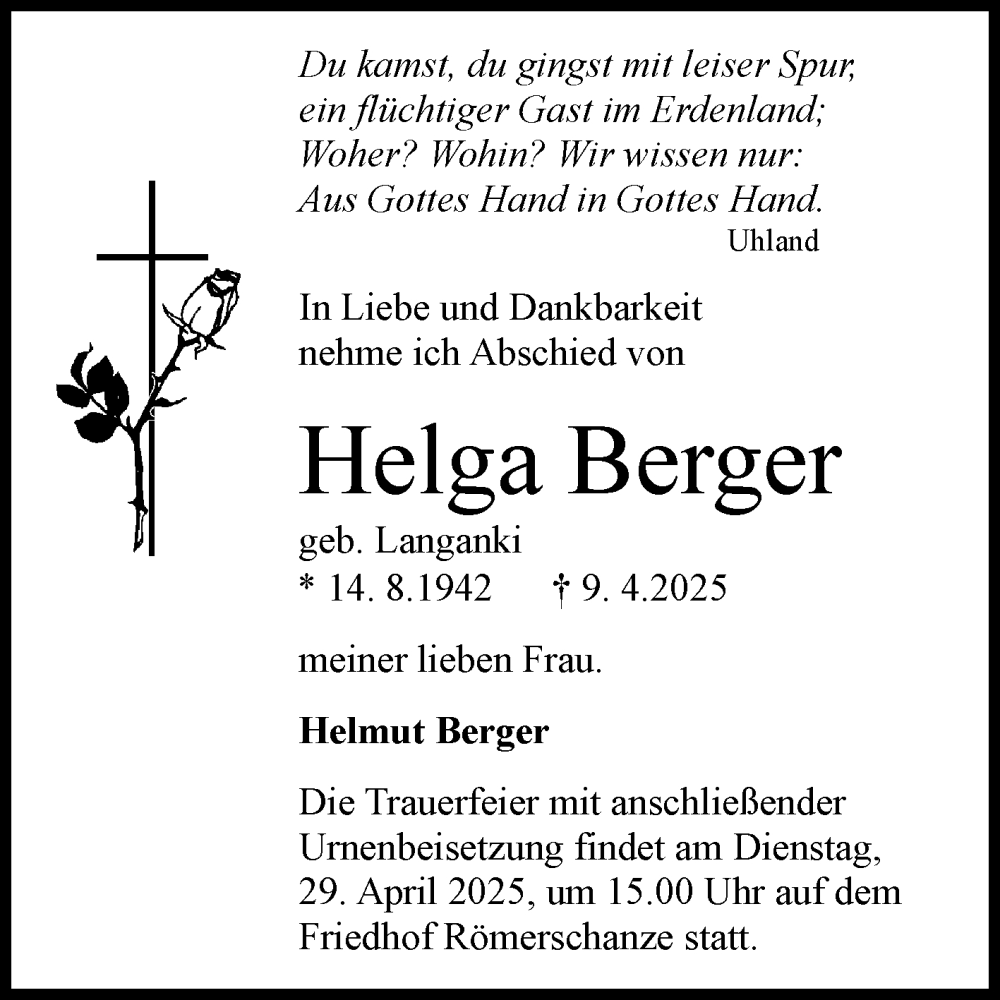  Traueranzeige für Helga Berger vom 26.04.2025 aus Reutlinger General-Anzeiger