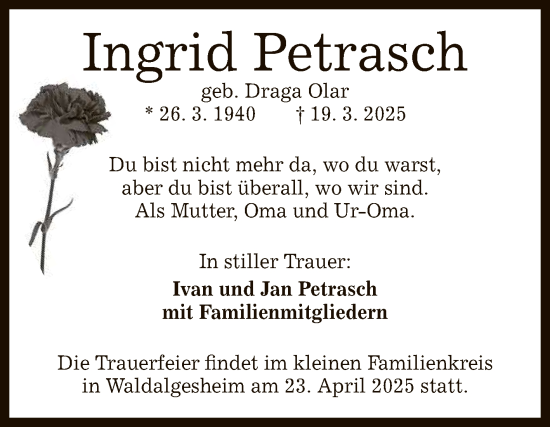 Anzeige von Ingrid Petrasch von Reutlinger General-Anzeiger