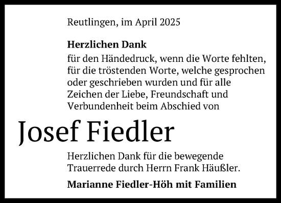 Anzeige von Josef Fiedler von Reutlinger General-Anzeiger