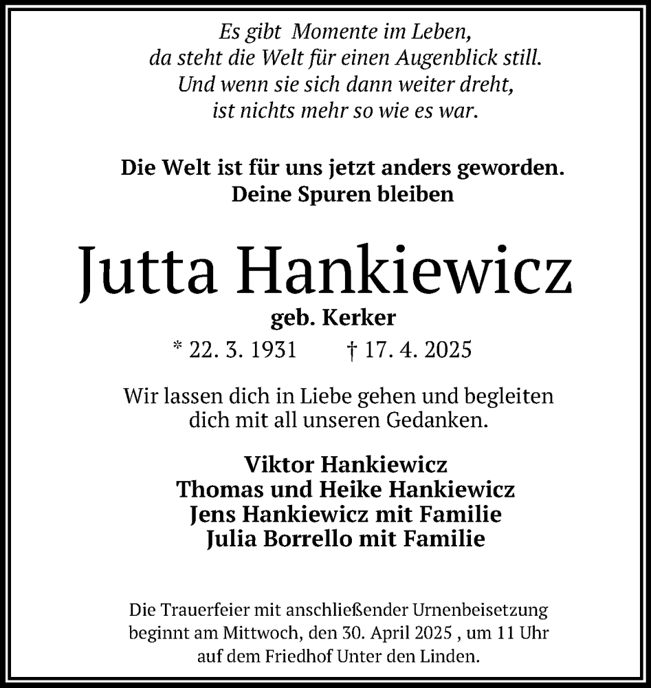  Traueranzeige für Jutta Hankiewicz vom 26.04.2025 aus Reutlinger General-Anzeiger