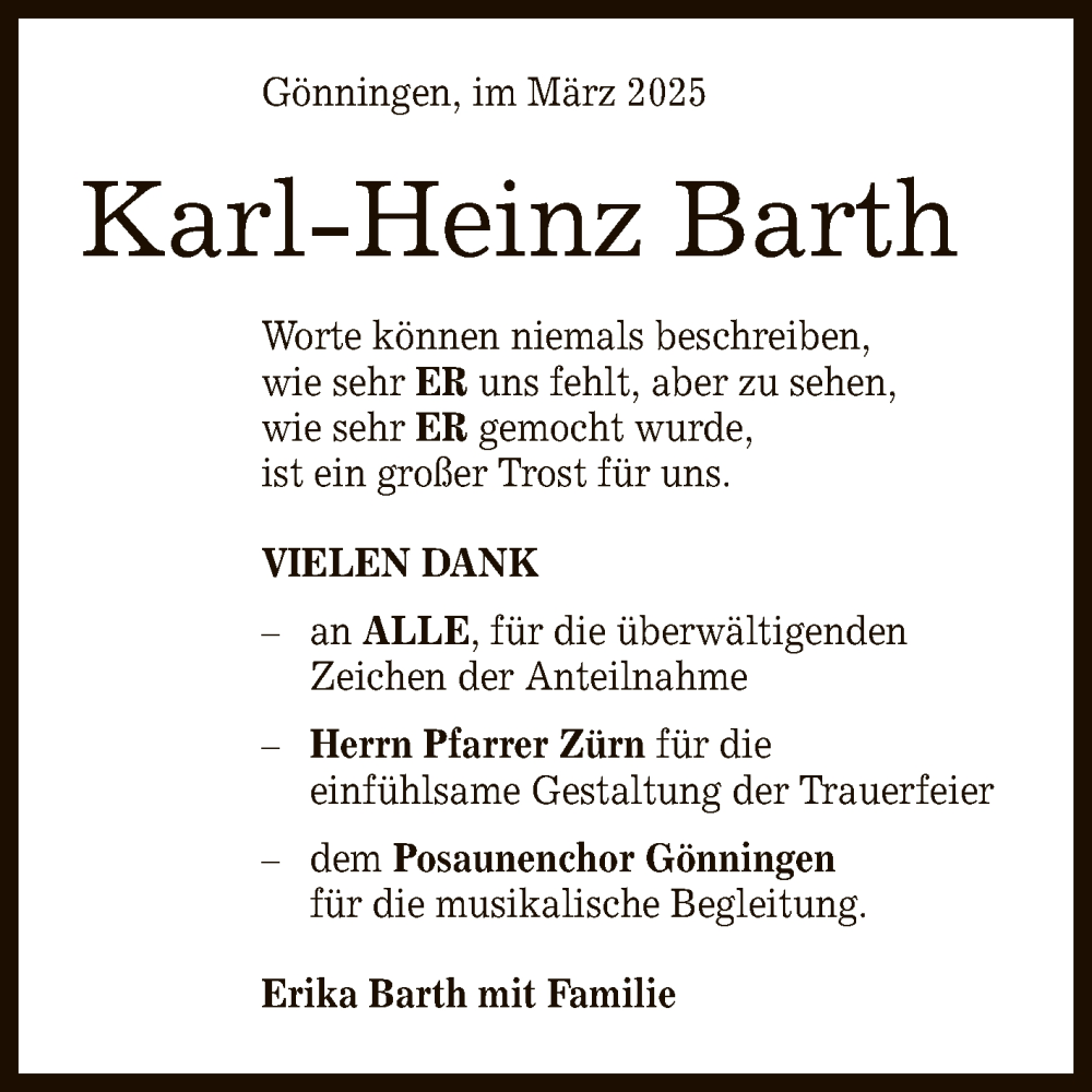  Traueranzeige für Karl-Heinz Barth vom 04.04.2025 aus Reutlinger General-Anzeiger