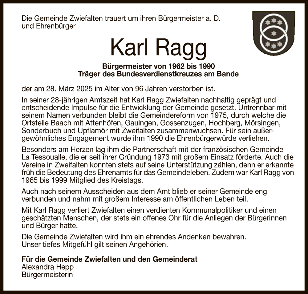  Traueranzeige für Karl Ragg vom 02.04.2025 aus Reutlinger General-Anzeiger