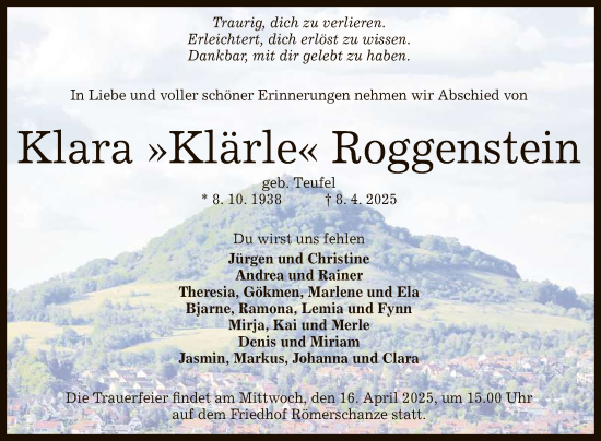 Anzeige von Klara Roggenstein von Reutlinger General-Anzeiger