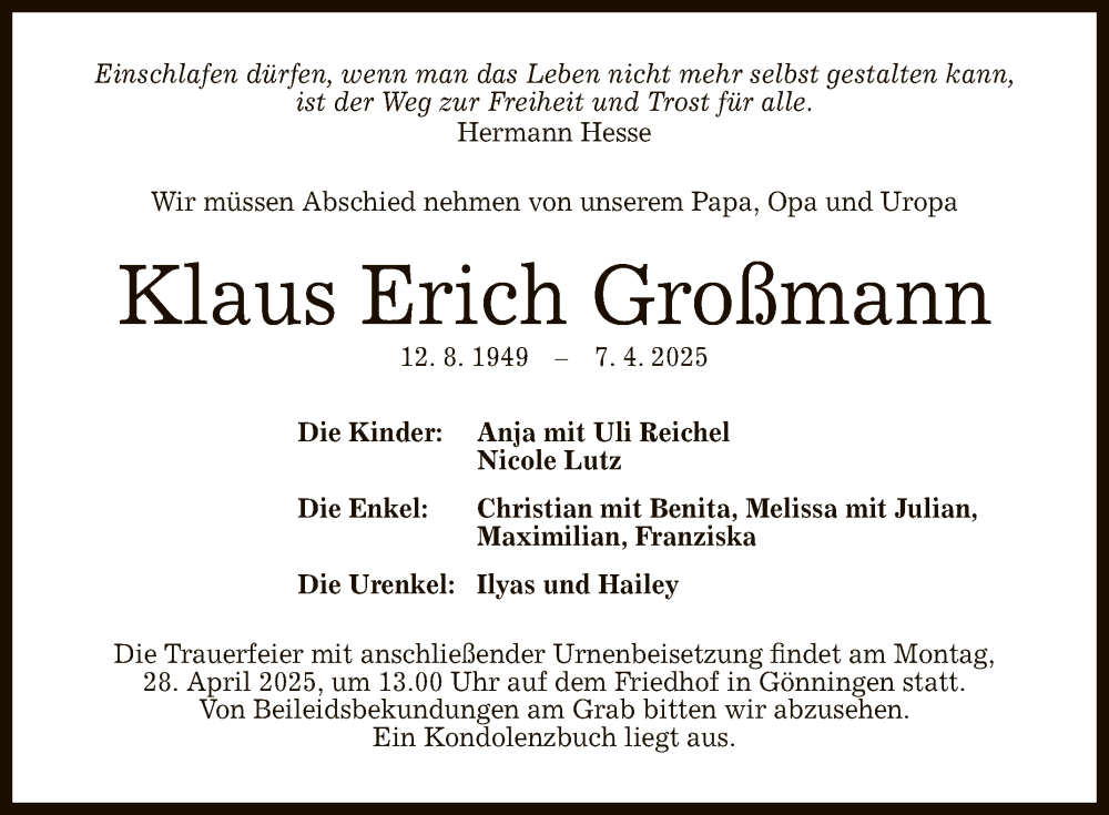  Traueranzeige für Klaus Erich Großmann vom 19.04.2025 aus Reutlinger General-Anzeiger