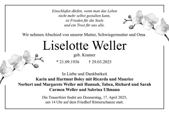 Anzeige von Liselotte Weller von Reutlinger General-Anzeiger