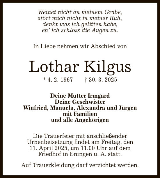 Anzeige von Lothar Kilgus von Reutlinger General-Anzeiger