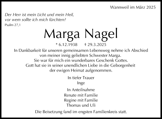 Anzeige von Marga Nagel von Reutlinger General-Anzeiger