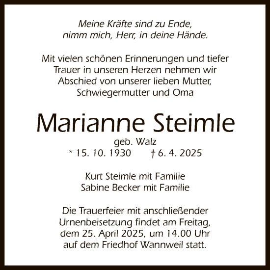 Anzeige von Marianne Steimle von Reutlinger General-Anzeiger
