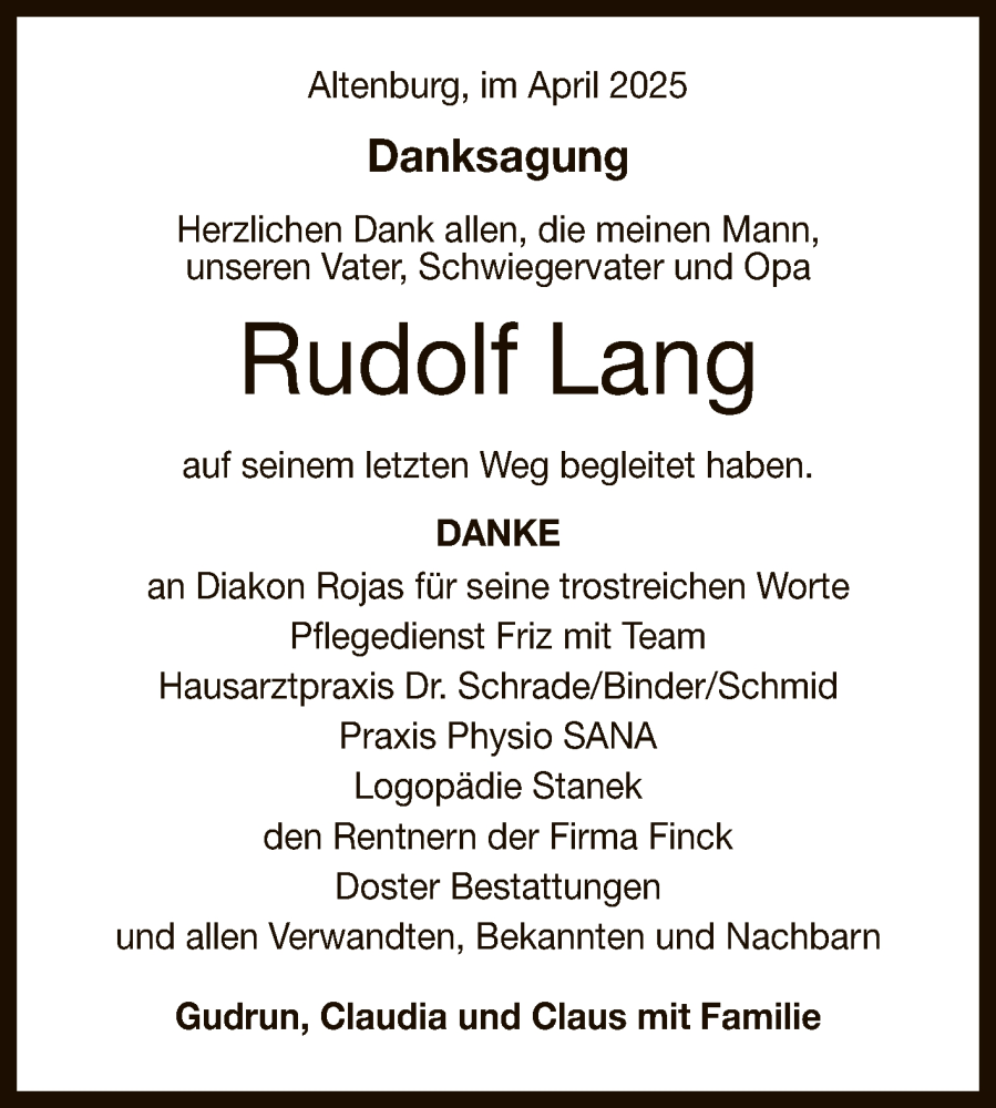  Traueranzeige für Rudolf Lang vom 12.04.2025 aus Reutlinger General-Anzeiger