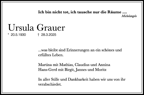 Anzeige von Ursula Grauer von Reutlinger General-Anzeiger