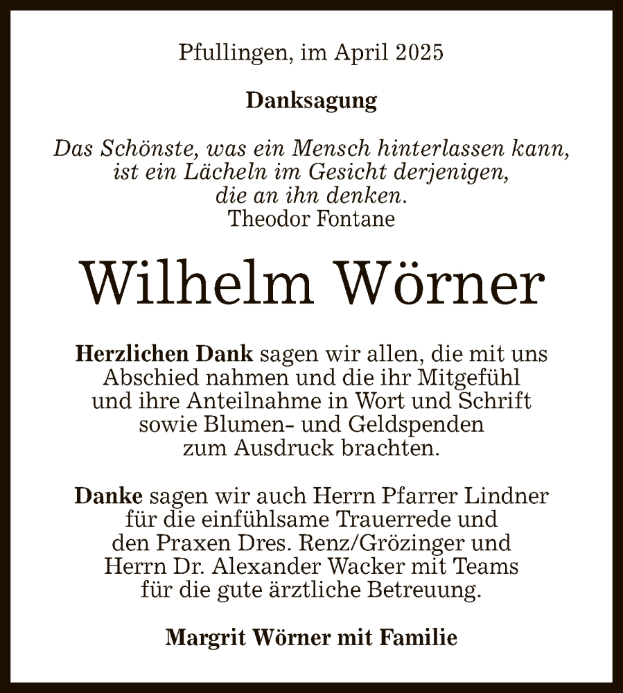  Traueranzeige für Wilhelm Wörner vom 19.04.2025 aus Reutlinger General-Anzeiger