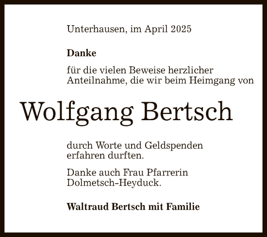 Anzeige von Wolfgang Bertsch von Reutlinger General-Anzeiger