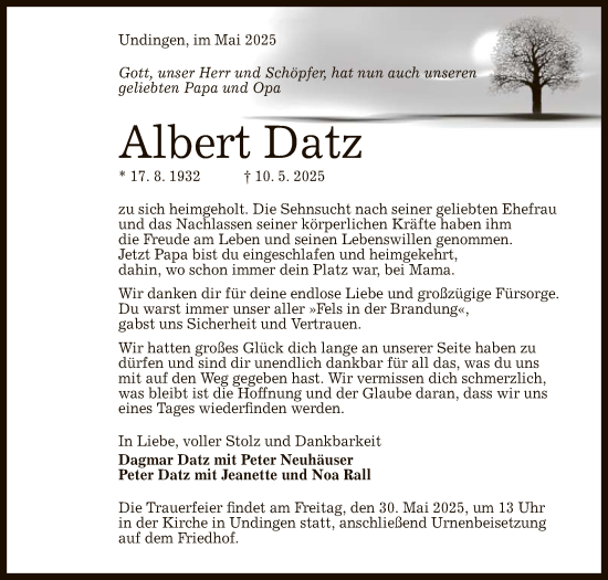 Anzeige von Albert Datz von Reutlinger General-Anzeiger