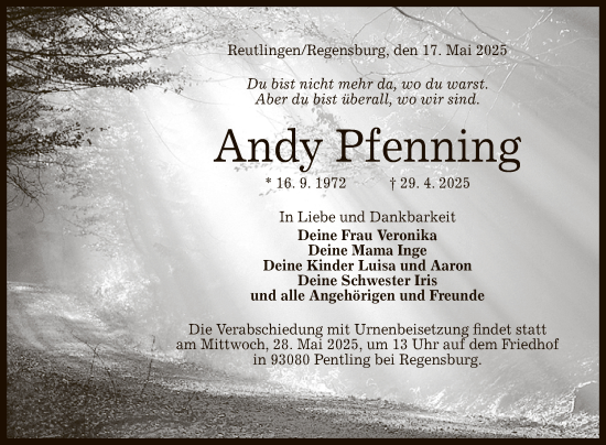 Anzeige von Andy Pfenning von Reutlinger General-Anzeiger