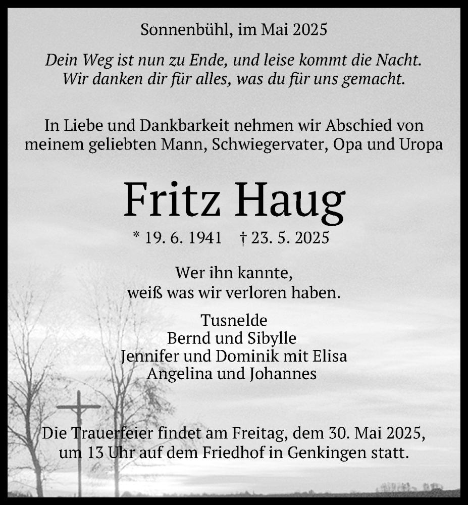  Traueranzeige für Fritz Haug vom 27.05.2025 aus Reutlinger General-Anzeiger