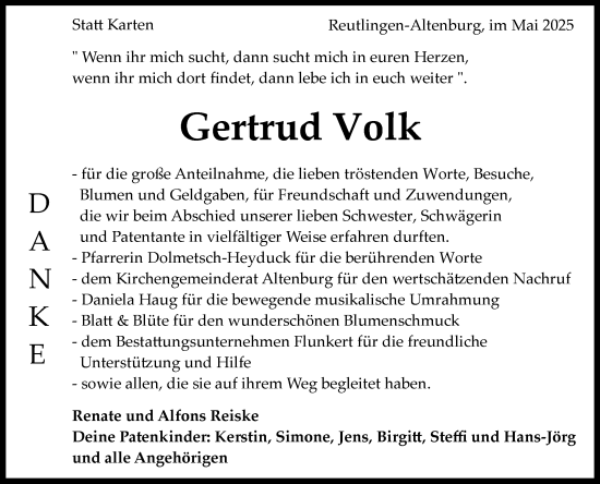 Anzeige von Gertrud Volk von Reutlinger General-Anzeiger