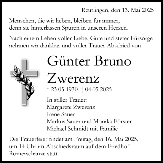 Anzeige von Günter Bruno Zwerenz von Reutlinger General-Anzeiger