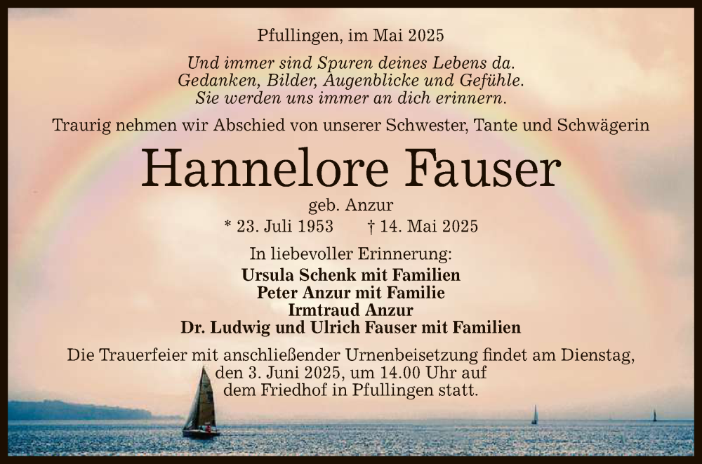  Traueranzeige für Hannelore Fauser vom 31.05.2025 aus Reutlinger General-Anzeiger