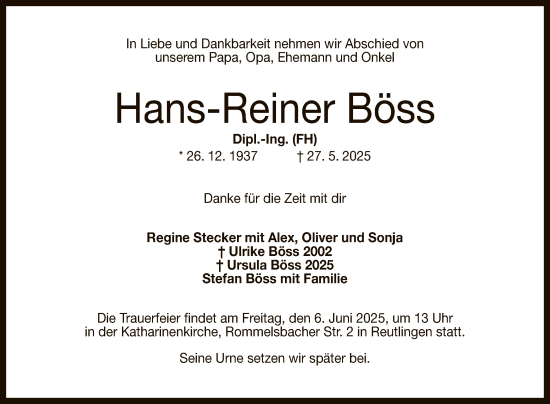Anzeige von Hans-Reiner Böss von Reutlinger General-Anzeiger