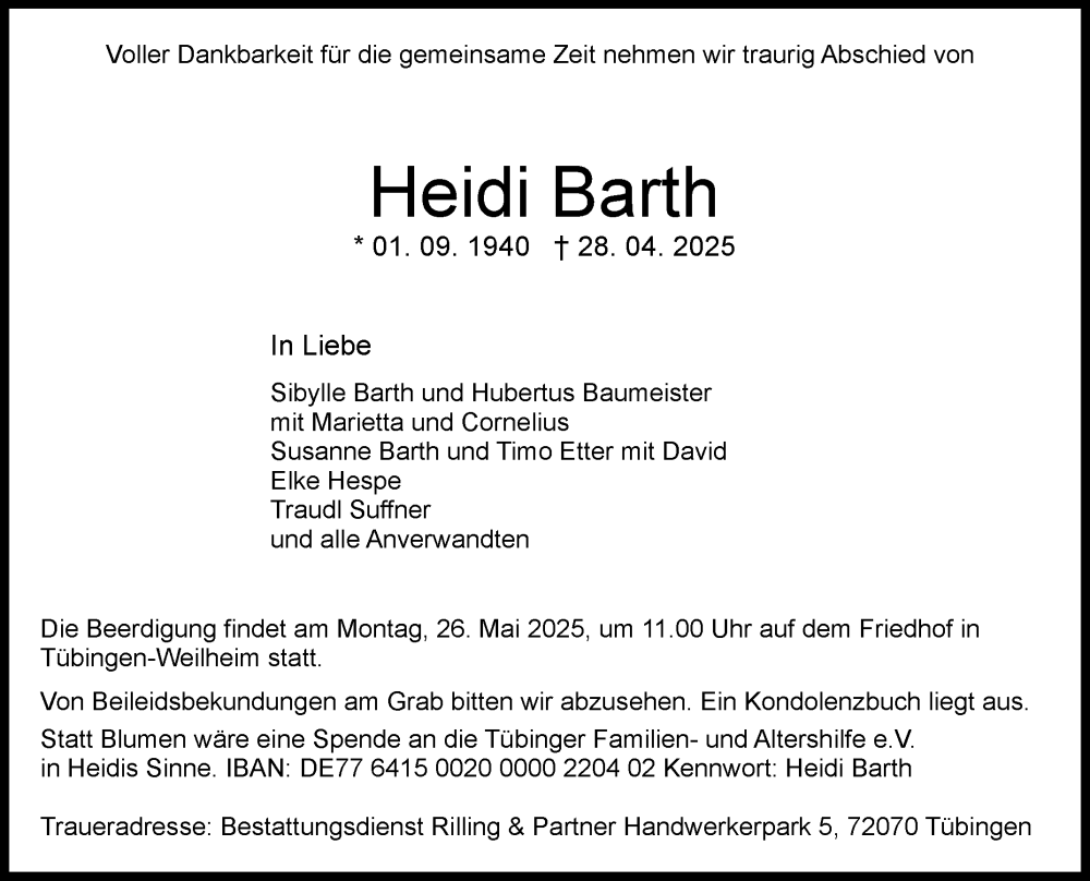  Traueranzeige für Heidi Barth vom 03.05.2025 aus Reutlinger General-Anzeiger