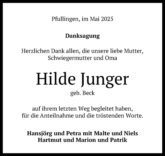 Anzeige von Hilde Junger von Reutlinger General-Anzeiger