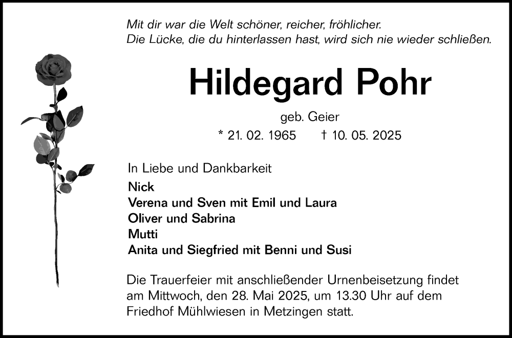  Traueranzeige für Hildegard Pohr vom 24.05.2025 aus Reutlinger General-Anzeiger