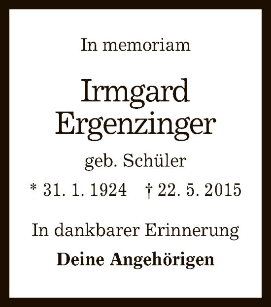 Anzeige von Irmgard Ergenzinger von Reutlinger General-Anzeiger