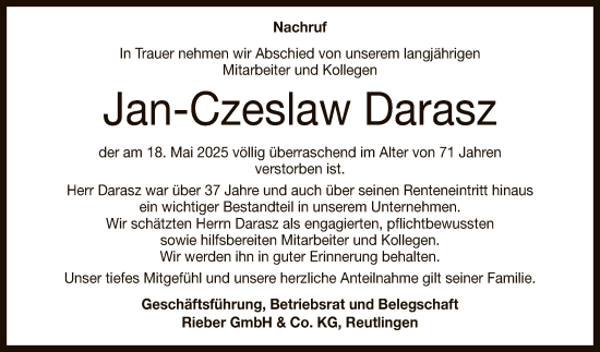 Anzeige von Jan-Czeslaw Darasz von Reutlinger General-Anzeiger