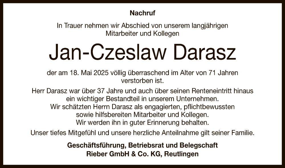  Traueranzeige für Jan-Czeslaw Darasz vom 24.05.2025 aus Reutlinger General-Anzeiger