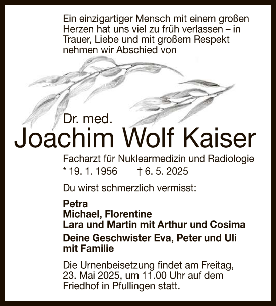 Anzeige von Joachim Wolf Kaiser von Reutlinger General-Anzeiger