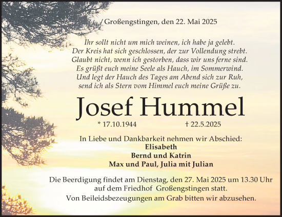 Anzeige von Josef Hummel von Reutlinger General-Anzeiger