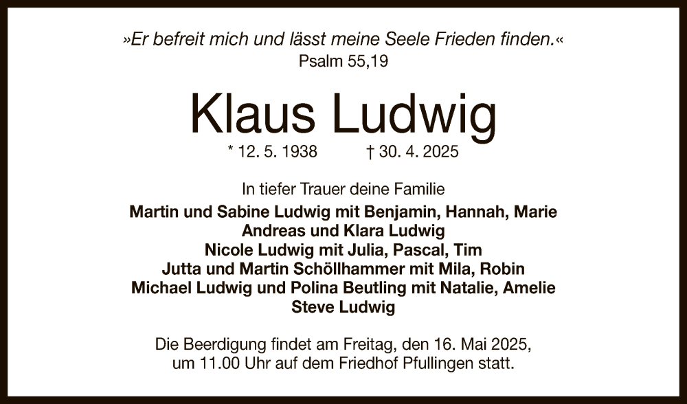  Traueranzeige für Klaus Ludwig vom 10.05.2025 aus Reutlinger General-Anzeiger