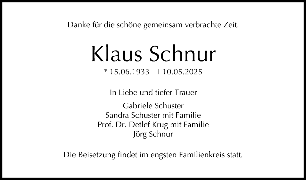  Traueranzeige für Klaus Schnur vom 17.05.2025 aus Reutlinger General-Anzeiger