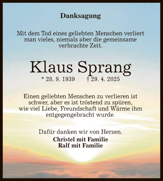 Anzeige von Klaus Sprang von Reutlinger General-Anzeiger