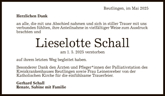 Anzeige von Lieselotte Schall von Reutlinger General-Anzeiger