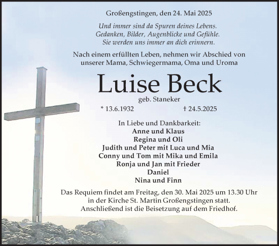 Anzeige von Luise Beck von Reutlinger General-Anzeiger
