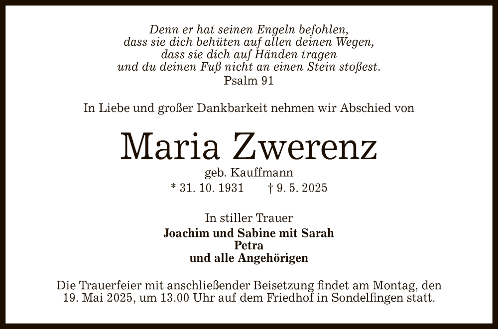  Traueranzeige für Maria Zwerenz vom 14.05.2025 aus Reutlinger General-Anzeiger